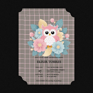 Modern Pink Owl Floral & Grid Baby Shower Invitation