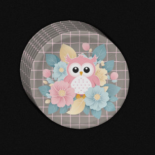 Modern Pink Owl Floral & Grid Baby Shower Paper Plate