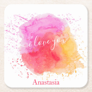 Modern Pink Paint Square Paper Coaster