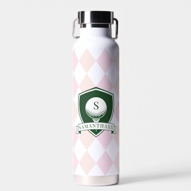 Modern Pink Pattern Green Golfer Name Monogram Water Bottle (Front)