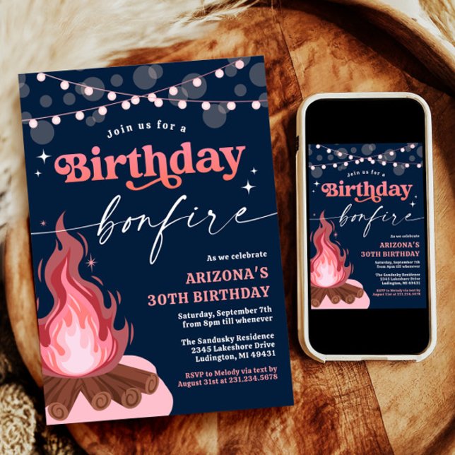 Modern Pink + Peach Birthday Bonfire Invitation (Modern Pink + Peach Birthday Bonfire Invitation)