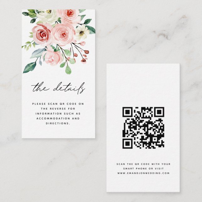 Modern Pink Peach Florals QR Code Wedding Details  Enclosure Card (Front/Back)