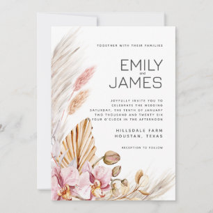 Modern Pink Peach Orchid Pampas Wedding Invitation