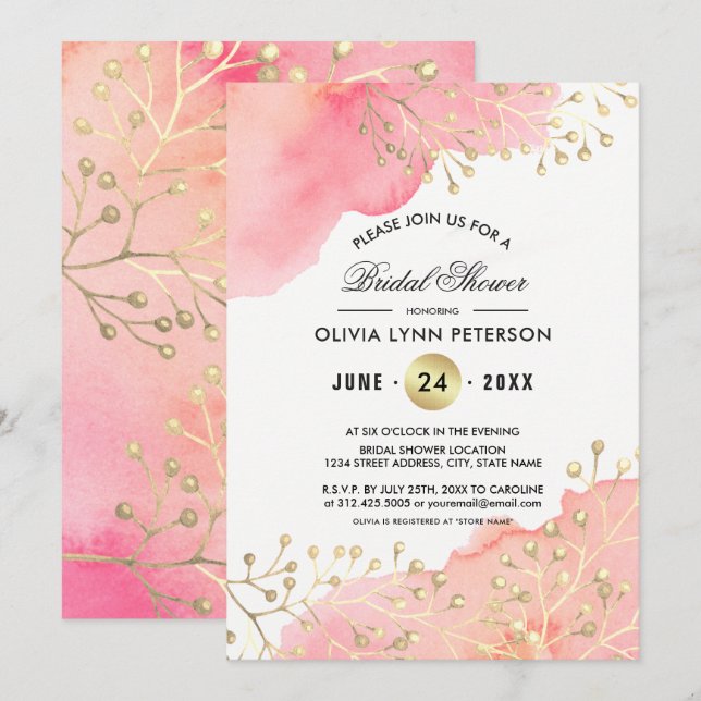 Modern Pink | Peach Watercolor Bridal Shower  Invitation (Front/Back)
