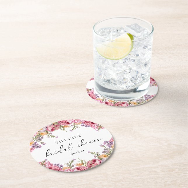 Modern Pink Peonies Floral Bridal Shower Round Paper Coaster (Insitu)