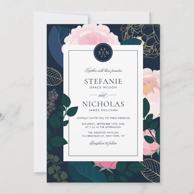 Modern Pink Peonies Gold Foil Monogram II Wedding Invitation (Front)