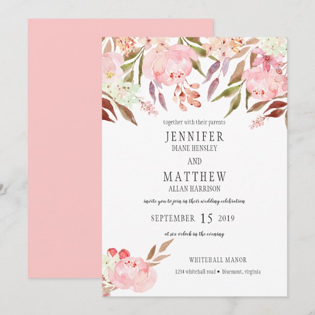 Modern Pink Peonies Wildflowers Greenery Wedding | Invitation (Front/Back)