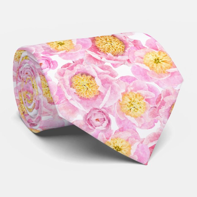 Modern Pink Peony Floral Pattern Tie (Rolled)