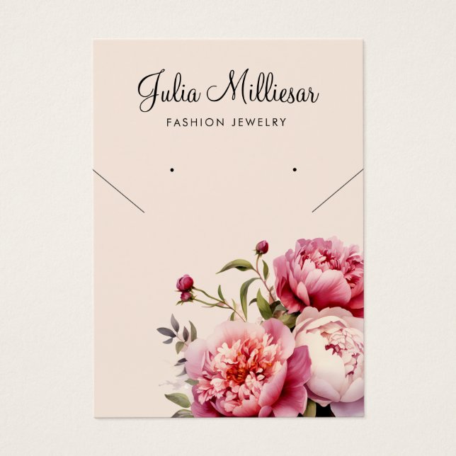 Modern pink peony necklace earring display card  (Front)