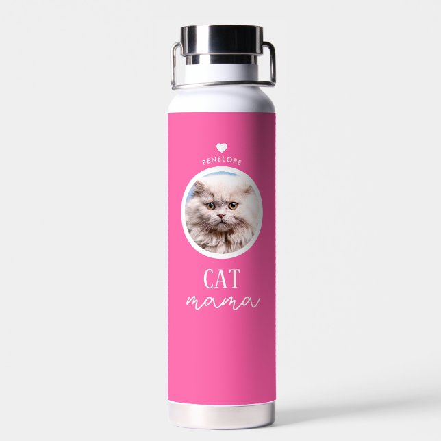 Modern Pink Personalised Cat Mama Custom Photo Water Bottle (Back)