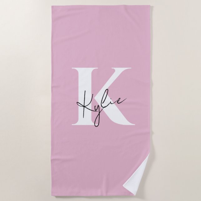 Modern Pink Personalised Monogram Name -  Beach Towel (Front)