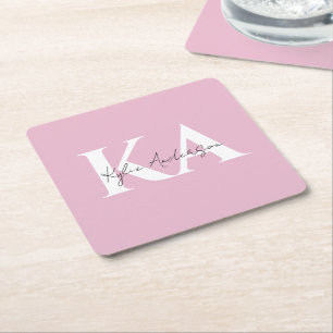 Modern Pink Personalised Monogram Name - Square Paper Coaster