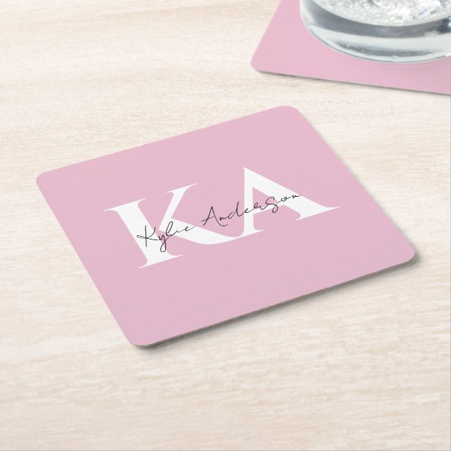 Modern Pink Personalised Monogram Name -  Square Paper Coaster (Angled)