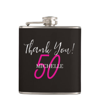 Modern Pink Personalised Thank You Birthday Hip Flask