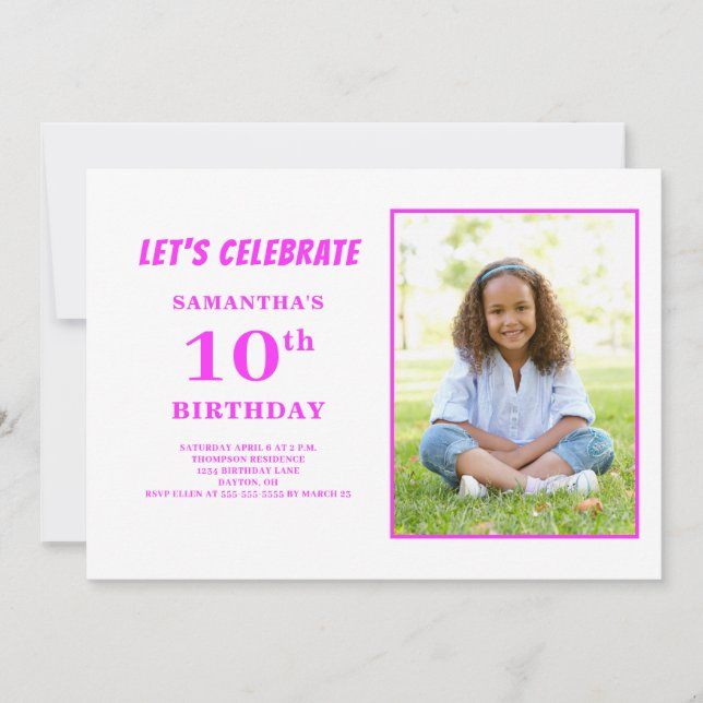 Modern Pink Photo 10th Birthday  Invitation (Front)