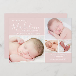Modern Pink Photo Collage Baby Girl Birth Announcement