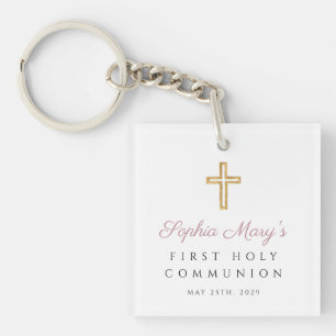 Modern Pink Photo Girl First Communion Key Ring