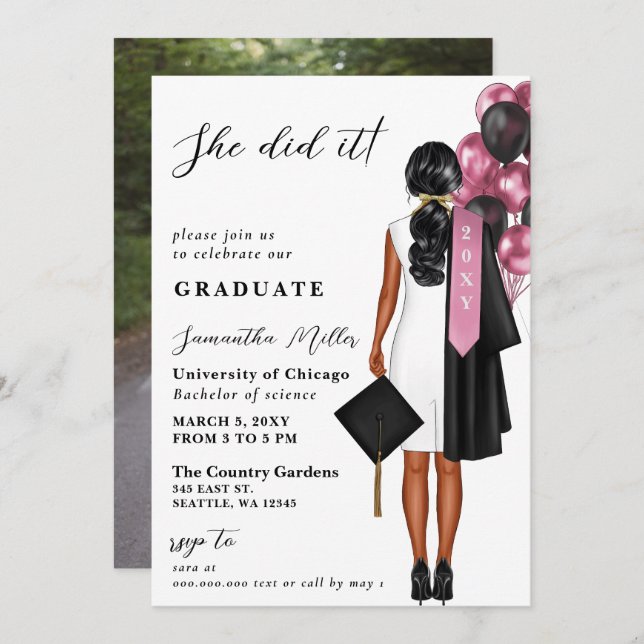 Modern Pink Photo She Did It Graduation Invitation (Front/Back)