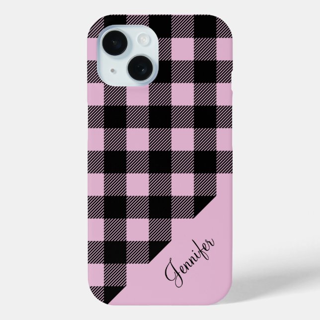 Modern Pink Plaid Check Pattern Name Case-Mate iPhone Case (Back)