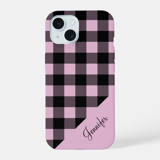 Modern Pink Plaid Check Pattern Name iPhone 15 Case (Back)