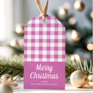 Modern Pink Plaid Merry Christmas Gift Tags