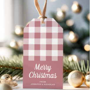 Modern Pink Plaid Merry Christmas Gift Tags