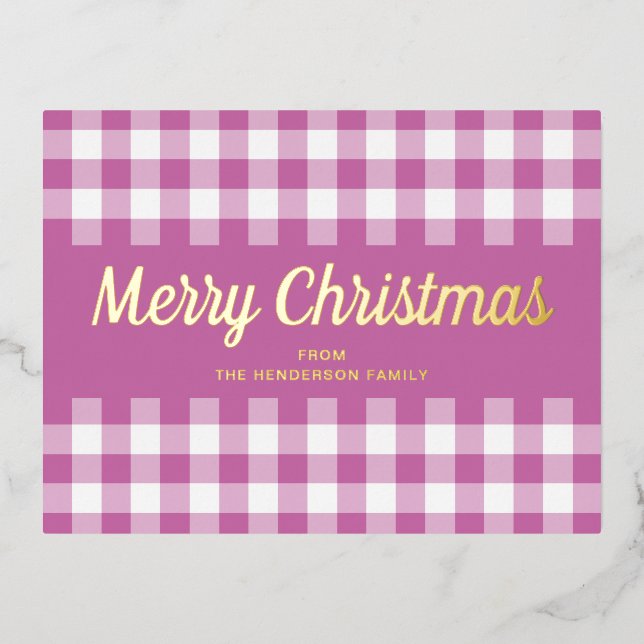 Modern Pink Plaid Merry Christmas Gold Foil Holiday Postcard (Front)