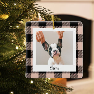 Modern Pink Plaid &  Name And Dog Photo Ceramic Ornament