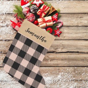 Modern Pink Plaid & Name Christmas Large Christmas Stocking