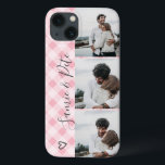 Modern pink plaid names 3 photos collage grid iPhone 13 case<br><div class="desc">Modern editable Christmas pastel blush pink flannel buffalo plaid heart couples names 4 photos collage grid,  perfect gift for a couple or best friends.</div>