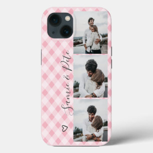 Modern pink plaid names 3 photos collage grid iPhone 13 case