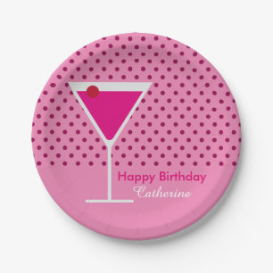 Modern Pink Polka Dot Martini Custom Birthday Paper Plate