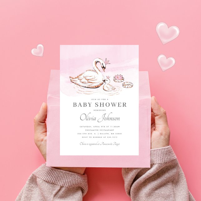 Modern Pink Princess Swan Baby Shower Invitation (Creator Uploaded)