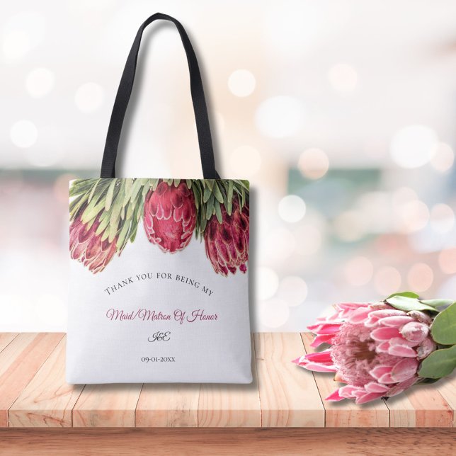 Modern Pink Proteas Floral Wedding Maid Of Honour Tote Bag (Creator Uploaded)