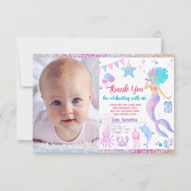 Modern Pink Purple Blue Girl Mermaid 1st birthday Thank You Card (Front)
