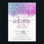 Modern Pink Purple Blue Glitter Confetti Sweet 16 Invitation<br><div class="desc">The elegant, glamourous, and modern sweet sixteen birthday party invitation is perfect for the contemporary and stylish young teenage girl. It features a faux printed pink, purple, and blue sparkly glitter confetti speckled colour block on top of a simple white background with a large number "16" in a matching purple-pink....</div>