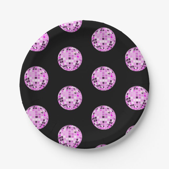 Modern Pink Purple Disco Ball Pattern Black Paper Plate (Front)