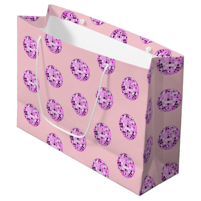 Modern Pink Purple Disco Ball Pattern Pastel Pink  Large Gift Bag (Front Angled)