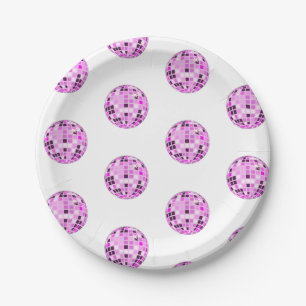 Modern Pink Purple Disco Ball Pattern White Paper Plate