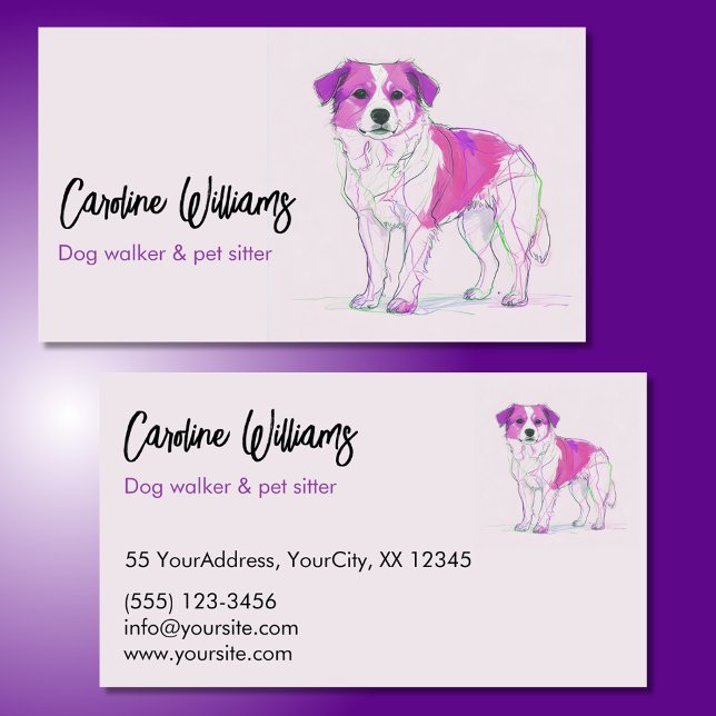 Modern pink purple drawing dog walker pet sitter business card (Creator Uploaded)