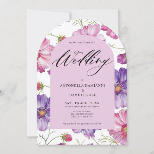 Modern Pink Purple Floral Blossom QR Code Wedding Invitation