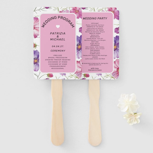 Modern Pink Purple Floral Wedding  Program Hand Fan (Front and Back)