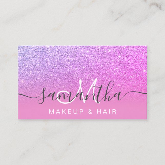 Modern pink purple glitter ombre makeup hair business card (Front)