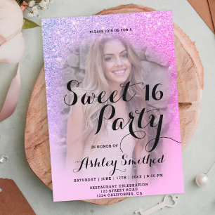Modern pink purple glitter ombre photo Sweet 16 Invitation
