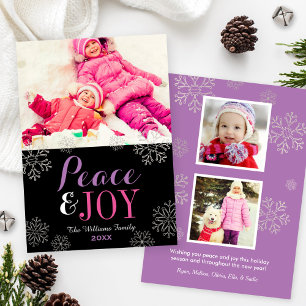 Modern Pink Purple Peace and Joy Snowflake Photo Holiday Card