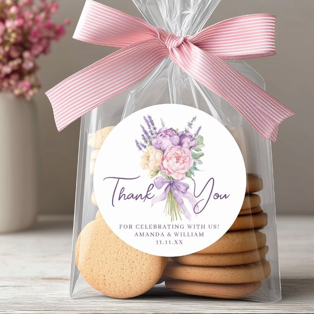 Modern Pink Purple Peony Flower Bouquet Thank You Classic Round Sticker (Modern Pink Purple Peony Flower Bouquet Thank You Classic Round Sticker)