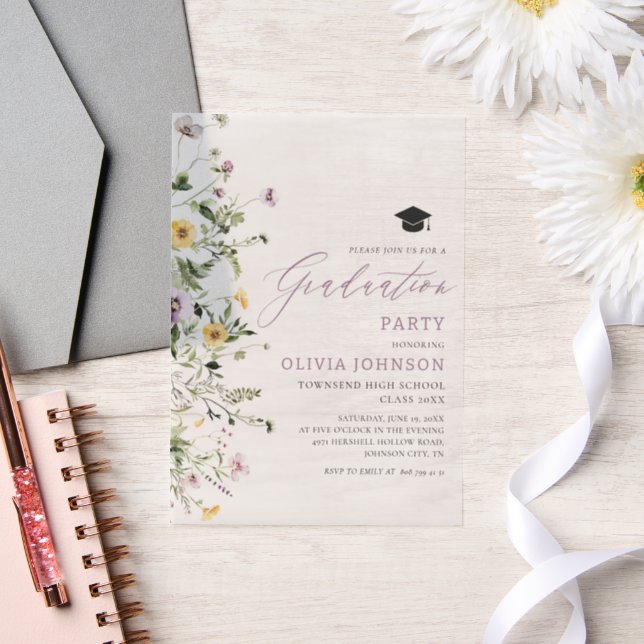 Modern Pink Purple Wildflower Graduation Party Vellum Invitations (Wedding)