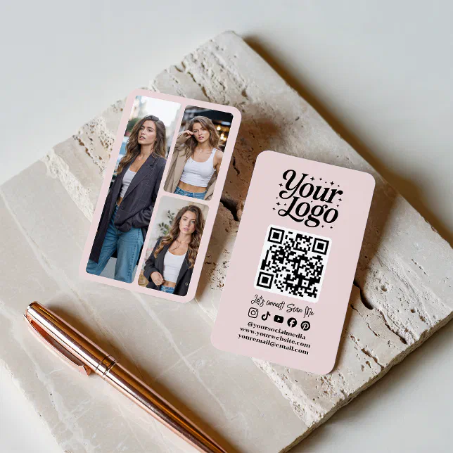 Modern Pink QR Code Social Media Icons Logo Photo Business Card | Zazzle