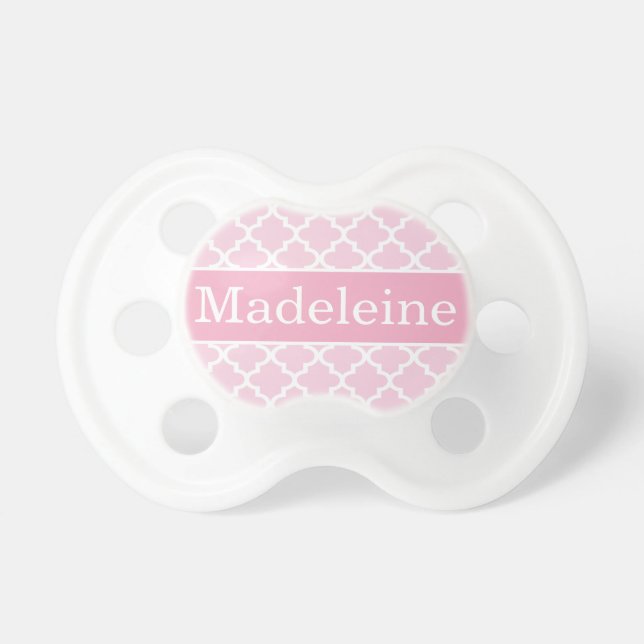 Modern Pink Quatrefoil Baby Girl Monogram Dummy (Front)