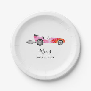 Modern Pink Race Car Girl Baby Shower Paper Plate